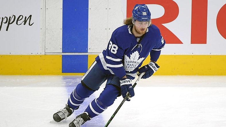 Mar 13, 2021; Toronto, Ontario, CAN;  Toronto Maple Leafs forward William Nylander (88) skates during warm up before playing Winnipeg Jets at Scotiabank Arena. Mandatory Credit: Dan Hamilton-USA TODAY Sports