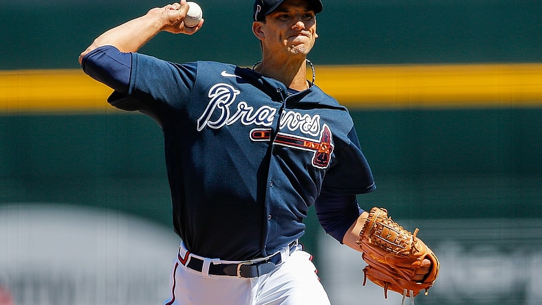 Mar 7, 2021; North Port, Florida, USA;  Atlanta Braves starting pitcher Charlie Morton (50) pitches in the third inning during spring training at CoolToday Park. Mandatory Credit: Nathan Ray Seebeck-USA TODAY Sports