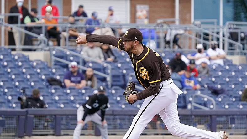 Mar 16, 2021; Peoria, Arizona, USA; San Diego Padres starting pitcher Joe Musgrove (44) throws against the Chicago White Sox during a spring training game at Peoria Sports Complex. Mandatory Credit: Rick Scuteri-USA TODAY Sports