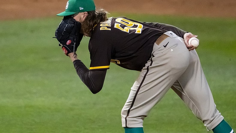 Mar 17, 2021; Mesa, Arizona, USA; San Diego Padres pitcher Chris Paddack against the Chicago Cubs during a Spring Training game at Sloan Park. Mandatory Credit: Mark J. Rebilas-USA TODAY Sports