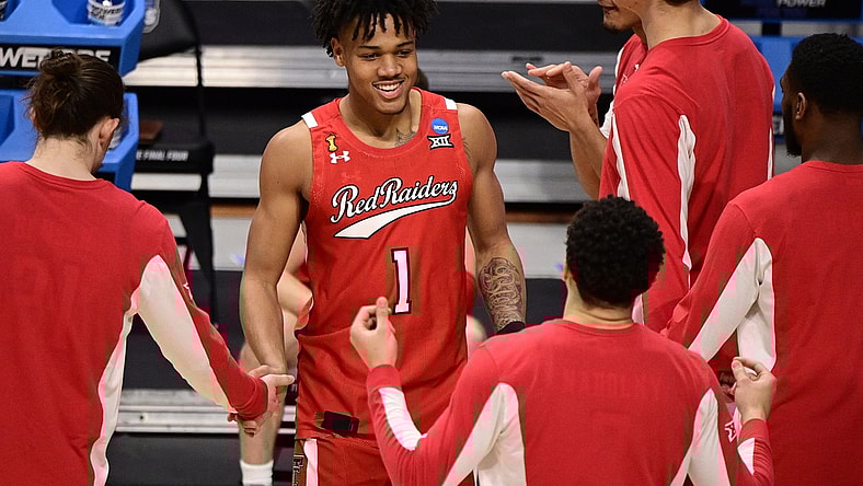 Mar 21, 2021; Indianapolis, Indiana, USA; Texas Tech Red Raiders guard Terrence Shannon Jr. (1) is introduced before the game against the Arkansas Razorbacks in the second round of the 2021 NCAA Tournament at Hinkle Fieldhouse. Mandatory Credit: Marc Lebryk-USA TODAY Sports