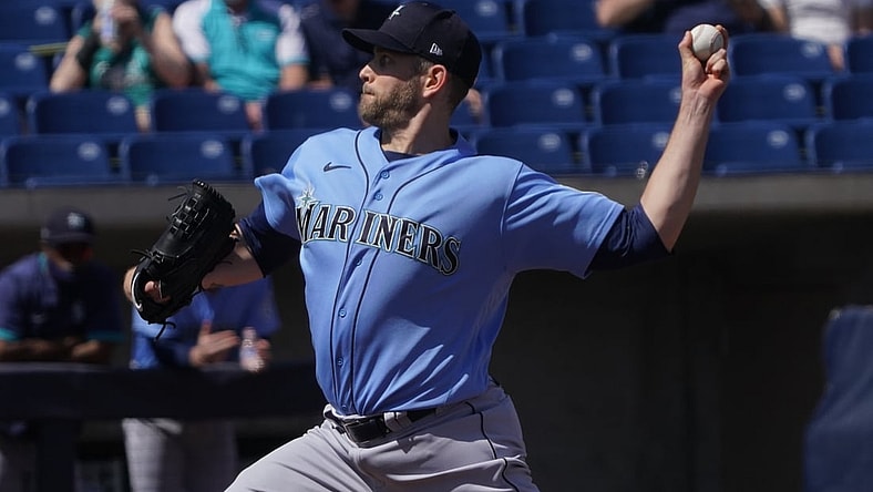 Mar 21, 2021; Phoenix, Arizona, USA; Seattle Mariners starting pitcher James Paxton (44) throws against the Milwaukee Brewers during a spring training game at American Family Fields of Phoenix. Mandatory Credit: Rick Scuteri-USA TODAY Sports