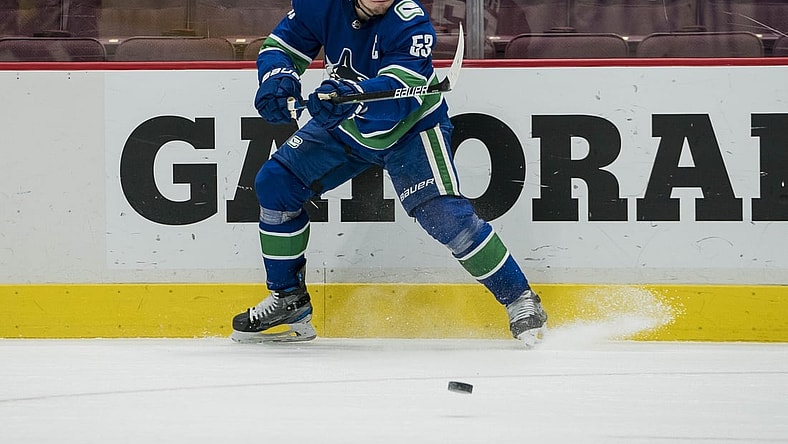 Mar 22, 2021; Vancouver, British Columbia, CAN; Vancouver Canucks forward Bo Horvat (53) skates against the Winnipeg Jets in the second period against the Winnipeg Jets at Rogers Arena. Jets won 4-0.  Mandatory Credit: Bob Frid-USA TODAY Sports