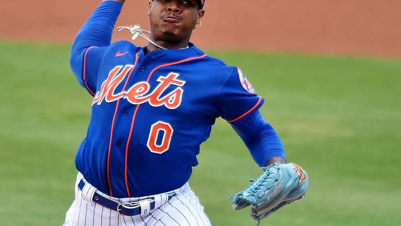 Mar 23, 2021; Port St. Lucie, Florida, USA; New York Mets starting pitcher Marcus Stroman (0) pitches against the Miami Marlins during a spring training baseball game at Clover Park. Mandatory Credit: Jim Rassol-USA TODAY Sports