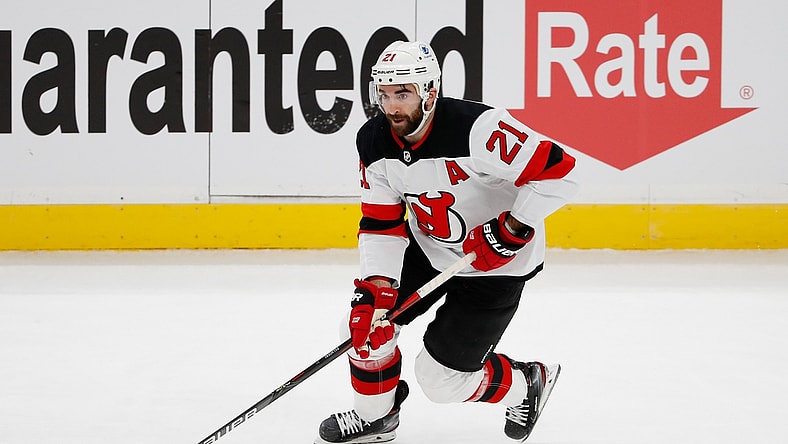 Mar 7, 2021; Boston, Massachusetts, USA; New Jersey Devils right wing Kyle Palmieri (21) during the first period against the Boston Bruins at TD Garden. Mandatory Credit: Winslow Townson-USA TODAY Sports