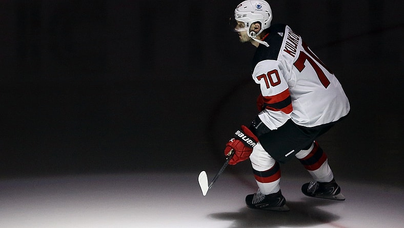 Mar 21, 2021; Pittsburgh, Pennsylvania, USA;  New Jersey Devils defenseman Dmitry Kulikov (70) takes the ice to play the Pittsburgh Penguins at PPG Paints Arena. New Jersey won 2-1 in overtime. Mandatory Credit: Charles LeClaire-USA TODAY Sports