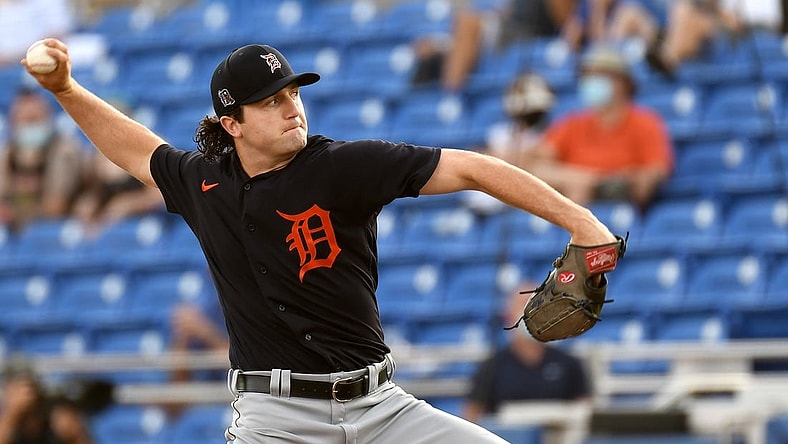 Mar 25, 2021; Dunedin, Florida, USA; Detroit Tigers pitcher Casey Mize (12) throws a pitch in the first inning against the Toronto Blue Jays during spring training at TD Ballpark. Mandatory Credit: Jonathan Dyer-USA TODAY Sports