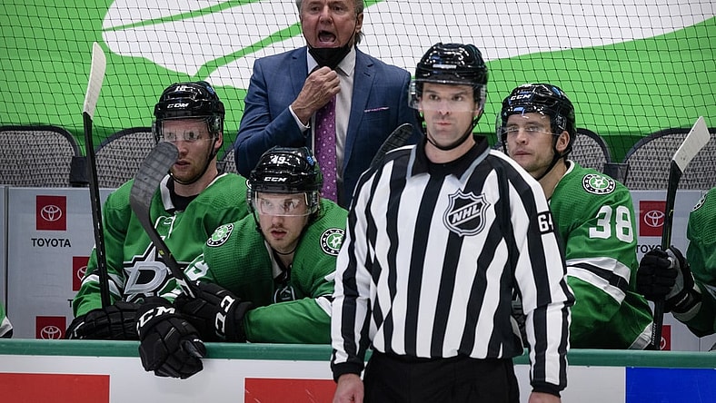 Mar 25, 2021; Dallas, Texas, USA; Tampa Bay Lightning head coach Rick Bowness yells to his team during the third period against the Tampa Bay Lightning at the American Airlines Center. Mandatory Credit: Jerome Miron-USA TODAY Sports
