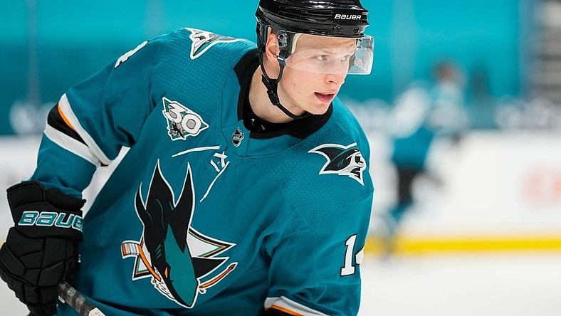 Mar 24, 2021; San Jose, California, USA;  San Jose Sharks center Antti Suomela (14) before the game against the Los Angeles Kings at SAP Center at San Jose. Mandatory Credit: Stan Szeto-USA TODAY Sports