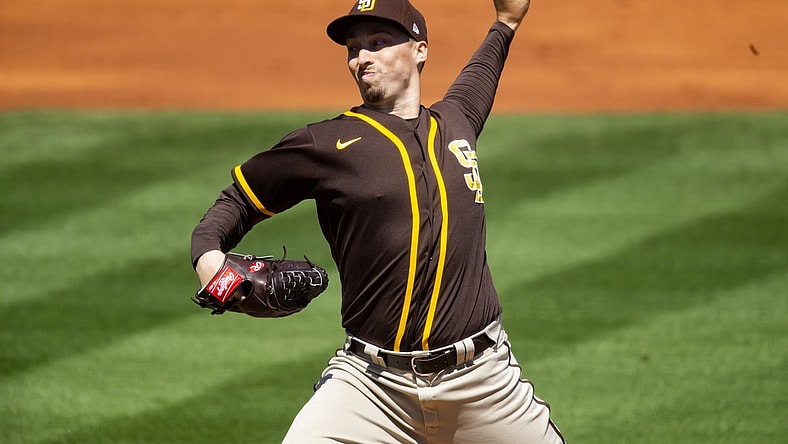 Mar 27, 2021; Tempe, Arizona, USA; San Diego Padres pitcher Blake Snell against the Los Angeles Angels during a Spring Training game at Tempe Diablo Stadium. Mandatory Credit: Mark J. Rebilas-USA TODAY Sports