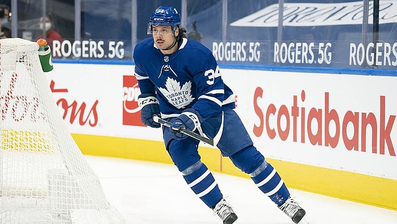 Mar 27, 2021; Toronto, Ontario, CAN; Toronto Maple Leafs center Auston Matthews (34) in action during the first period against the Edmonton Oilers at Scotiabank Arena. Mandatory Credit: Nick Turchiaro-USA TODAY Sports