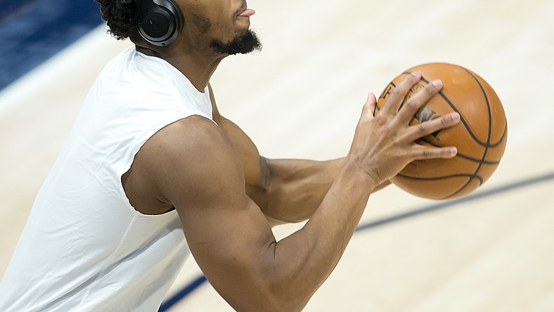 Mar 27, 2021; Salt Lake City, Utah, USA; Utah Jazz guard Donovan Mitchell (45) warms up prior to a game against the Memphis Grizzlies at Vivint Smart Home Arena. Mandatory Credit: Russell Isabella-USA TODAY Sports