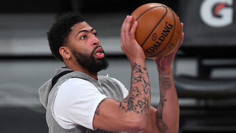 Mar 28, 2021; Los Angeles, California, USA; Los Angeles Lakers forward Anthony Davis (3) shoots baskets before the game against the Orlando Magic at Staples Center. Mandatory Credit: Jayne Kamin-Oncea-USA TODAY Sports
