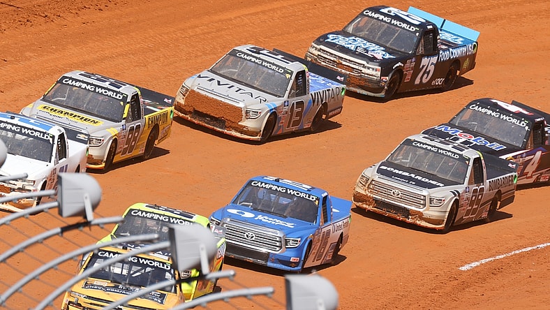 Mar 29, 2021; Bristol, TN, USA; NASCAR Gander RV and Outdoors Truck Series driver Johnny Sauter (13) with a clogged grill during the race at Bristol Motor Speedway. Mandatory Credit: Randy Sartin-USA TODAY Sports