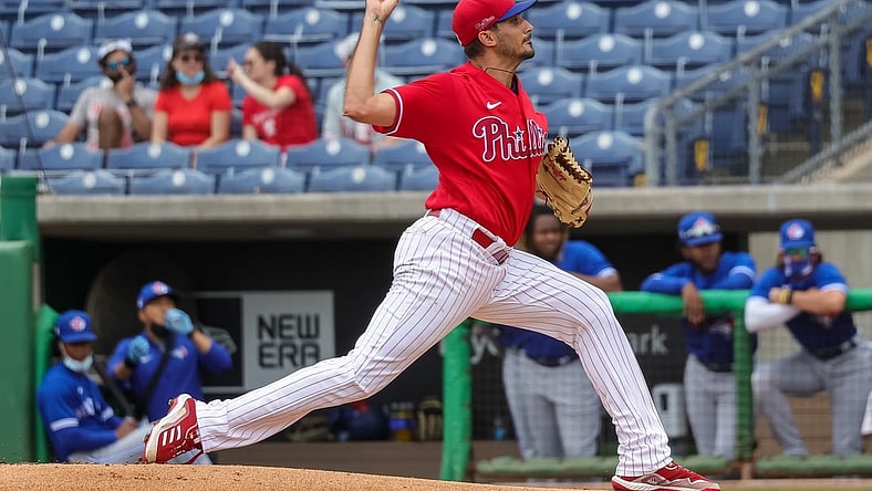 Mar 29, 2021; Clearwater, Florida, USA; Philadelphia Phillies starting pitcher Zach Eflin (56) pitches the ball against the Toronto Blue Jays during the first inning at BayCare Ballpark. Mandatory Credit: Mike Watters-USA TODAY Sports
