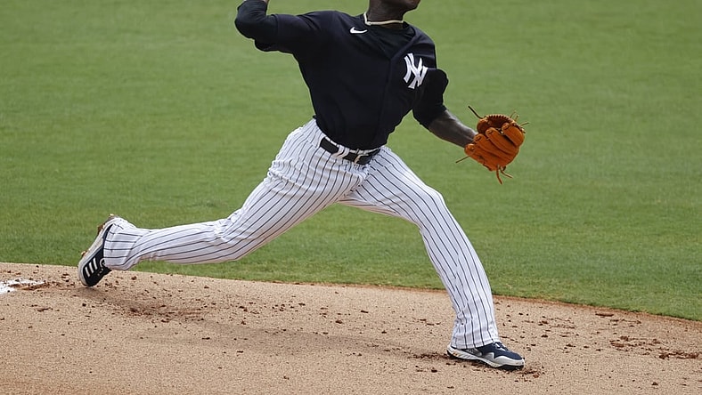 Mar 29, 2021; Tampa, Florida, USA; New York Yankees starting pitcher Domingo German (55) throws a pitch during the first inning against the Detroit Tigers at George M. Steinbrenner Field. Mandatory Credit: Kim Klement-USA TODAY Sports