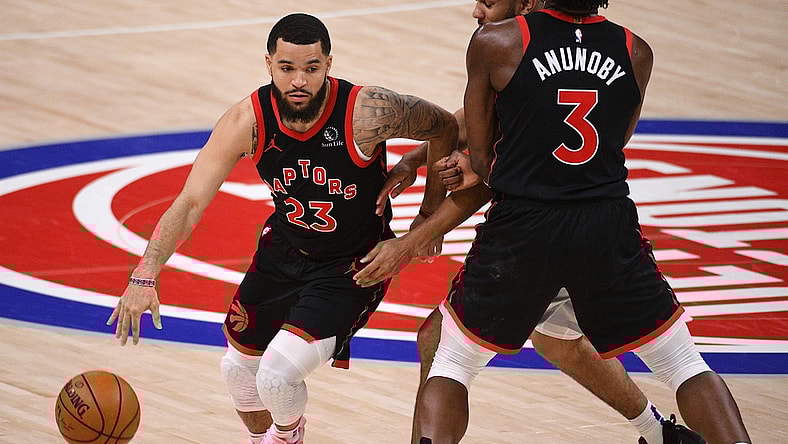Mar 29, 2021; Detroit, Michigan, USA; Toronto Raptors guard Fred VanVleet (23) drives to the basket as forward OG Anunoby (3) sets a pick during the fourth quarter against the Detroit Pistons at Little Caesars Arena. Mandatory Credit: Tim Fuller-USA TODAY Sports
