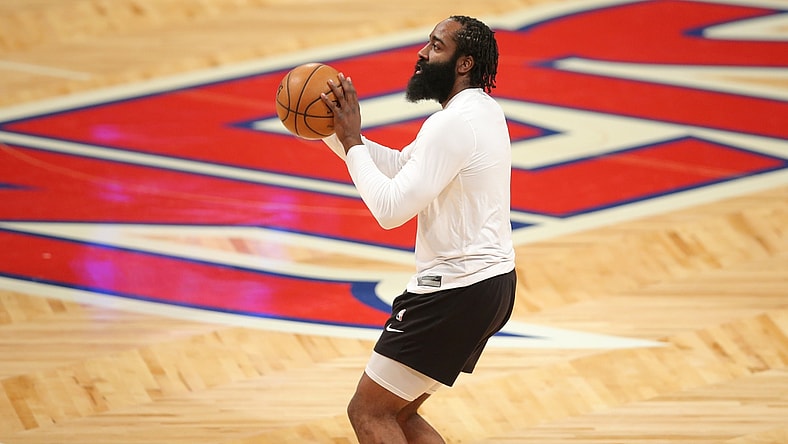 Mar 31, 2021; Brooklyn, New York, USA; Brooklyn Nets shooting guard James Harden (13) warms up before the game against the Houston Rockets at Barclays Center. Mandatory Credit: Brad Penner-USA TODAY Sports