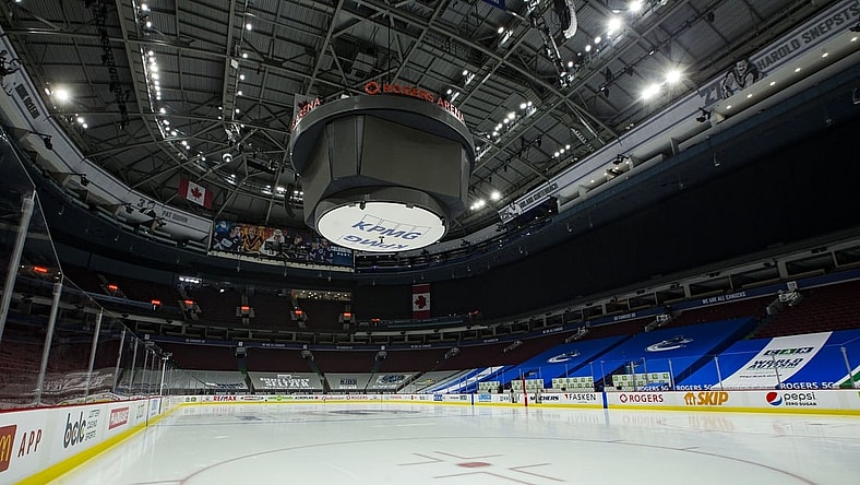 Mar 31, 2021; Vancouver, British Columbia, CAN; A general view of an empty Rogers Arena after the game between the Calgary Flames and Vancouver Canucks scheduled for Wednesday was postponed due to COVID-19. Mandatory Credit: Bob Frid-USA TODAY Sports