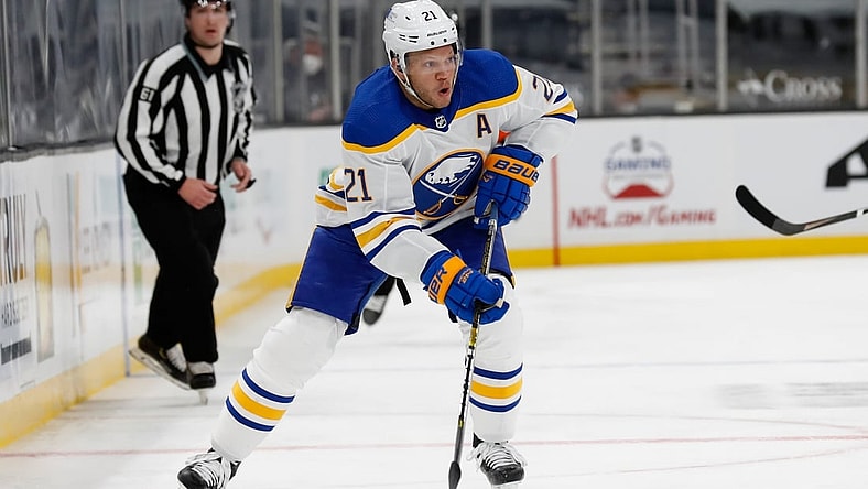 Mar 27, 2021; Boston, Massachusetts, USA; Buffalo Sabres right wing Kyle Okposo (21) during the first period against the Boston Bruins at TD Garden. Mandatory Credit: Winslow Townson-USA TODAY Sports