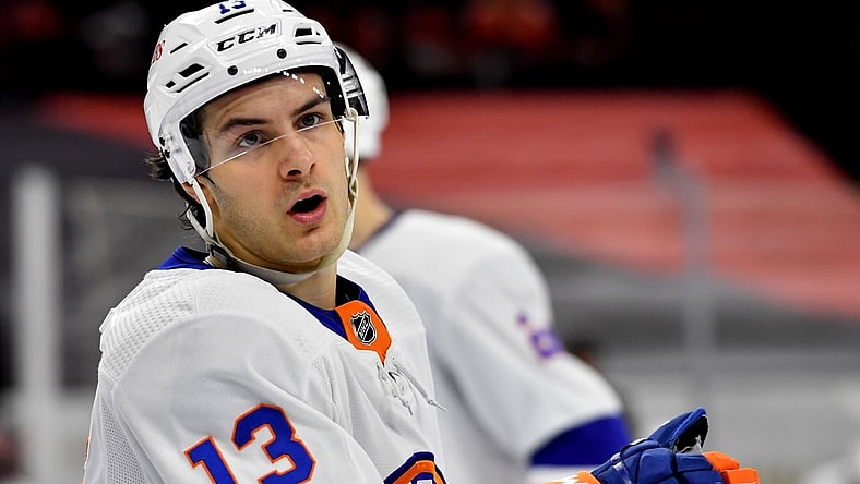 Mar 22, 2021; Philadelphia, Pennsylvania, USA; New York Islanders center Mathew Barzal (13) against the Philadelphia Flyers at Wells Fargo Center. Mandatory Credit: Eric Hartline-USA TODAY Sports
