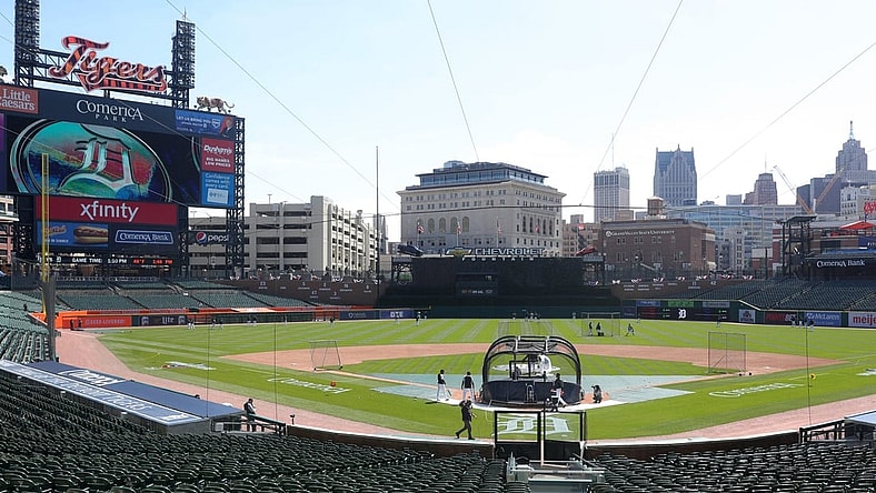 The Tigers take the field during practice on Wednesday, March 31, 2021, at Comerica Park, a day before Opening Day against the Cleveland Indians.

Comerica Park overview, general view of Comerica Park