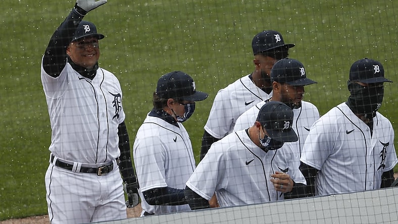 Apr 1, 2021; Detroit, Michigan, USA; Detroit Tigers first baseman Miguel Cabrera (24) waves to the crowd before the game against the Cleveland Indians on Opening Day at Comerica Park. Mandatory Credit: Raj Mehta-USA TODAY Sports