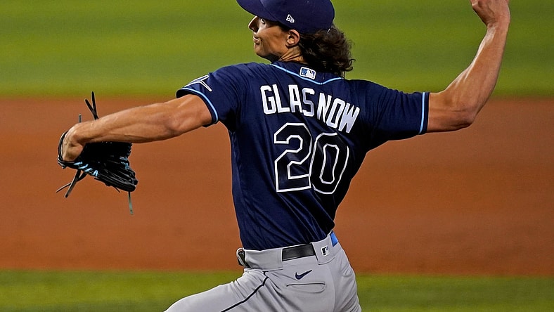 Apr 1, 2021; Miami, Florida, USA; Tampa Bay Rays starting pitcher Tyler Glasnow (20) delivers a pitch in the 1st inning against the Miami Marlins at loanDepot park. Mandatory Credit: Jasen Vinlove-USA TODAY Sports
