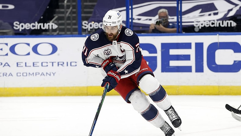 Apr 1, 2021; Tampa, Florida, USA; Columbus Blue Jackets left wing Nick Foligno (71) skates with the puck against the Tampa Bay Lightning during the first period at Amalie Arena. Mandatory Credit: Kim Klement-USA TODAY Sports