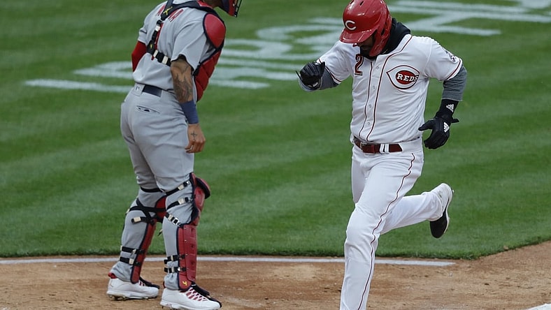 Apr 1, 2021; Cincinnati, Ohio, USA; Cincinnati Reds right fielder Nick Castellanos (2) scores against the St. Louis Cardinals during the fifth inning at Great American Ball Park. Mandatory Credit: David Kohl-USA TODAY Sports