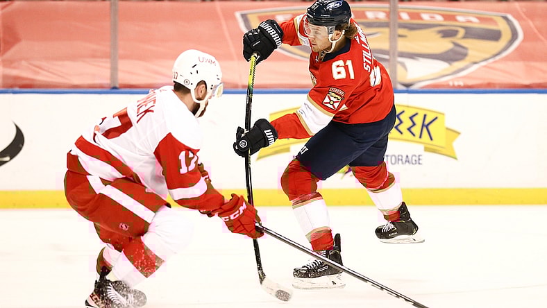 Apr 1, 2021; Sunrise, Florida, USA; Florida Panthers defenseman Riley Stillman (61) shoots the puck around Detroit Red Wings defenseman Filip Hronek (17) during the second period at BB&T Center. Mandatory Credit: Sam Navarro-USA TODAY Sports