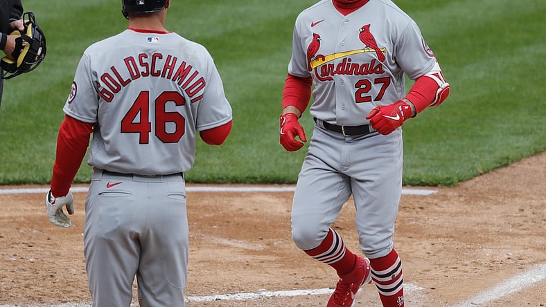 Apr 1, 2021; Cincinnati, Ohio, USA; St. Louis Cardinals left fielder Tyler O'Neill (27) scores with first baseman Paul Goldschmidt (46) against the Cincinnati Reds during the fourth inning at Great American Ball Park. Mandatory Credit: David Kohl-USA TODAY Sports