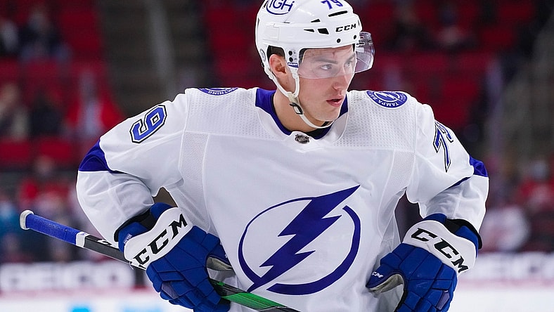 Mar 27, 2021; Raleigh, North Carolina, USA;  Tampa Bay Lightning left wing Ross Colton (79) looks on against the Carolina Hurricanes at PNC Arena. Mandatory Credit: James Guillory-USA TODAY Sports