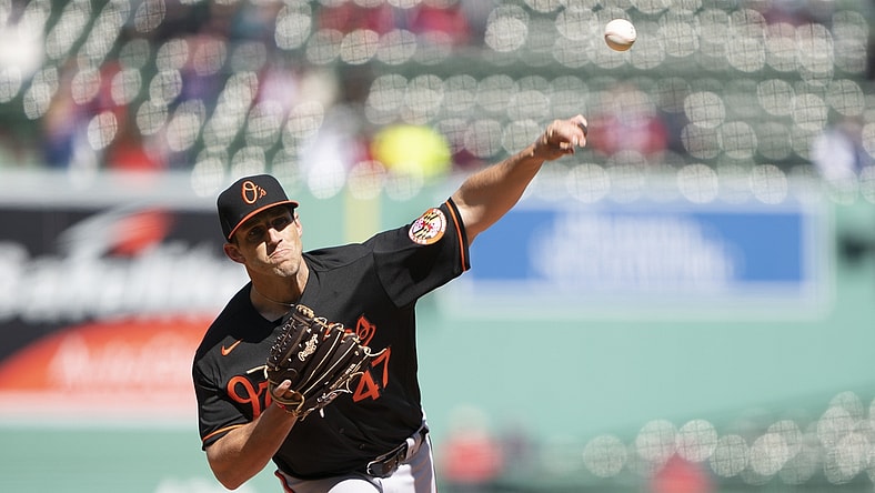 Apr 2, 2021; Boston, Massachusetts, USA; Baltimore Orioles pitcher John Means (47) delivers a pitch during the first inning against the Boston Red Sox at Fenway Park. Mandatory Credit: Gregory Fisher-USA TODAY Sports