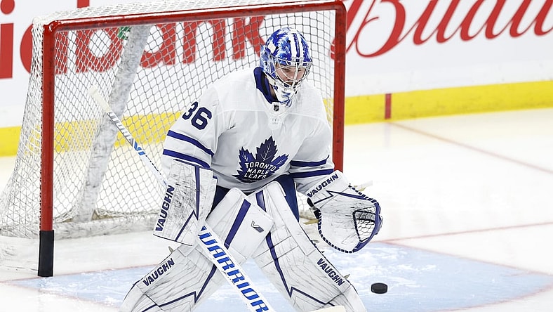 Apr 2, 2021; Winnipeg, Manitoba, CAN;  Toronto Maple Leafs goaltender Jack Campbell (36) warms up before a game against the Winnipeg Jets at Bell MTS Place. Mandatory Credit: James Carey Lauder-USA TODAY Sports