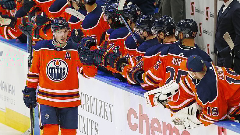 Apr 2, 2021; Edmonton, Alberta, CAN; Edmonton Oilers forward Ryan Nugent-Hopkins (93) celebrates a second period goal against the Calgary Flames at Rogers Place. Mandatory Credit: Perry Nelson-USA TODAY Sports