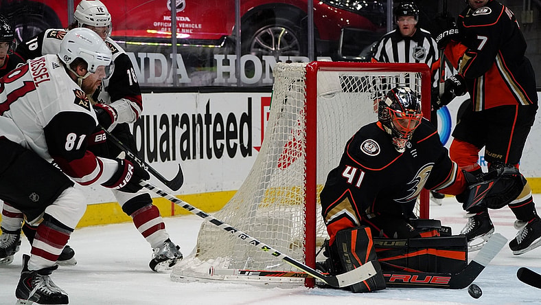 Apr 2, 2021; Anaheim, California, USA; Anaheim Ducks goaltender Anthony Stolarz (41) defends the goal as Arizona Coyotes right wing Phil Kessel (81) moves in for a shot during the first period at Honda Center. Mandatory Credit: Gary A. Vasquez-USA TODAY Sports