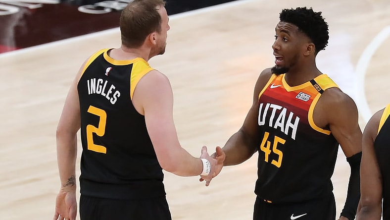 Apr 2, 2021; Salt Lake City, Utah, USA; Utah Jazz guard Joe Ingles (2) and Utah Jazz guard Donovan Mitchell (45) react to a play in the third quarter against the Chicago Bulls at Vivint Smart Home Arena. Mandatory Credit: Rob Gray-USA TODAY Sports