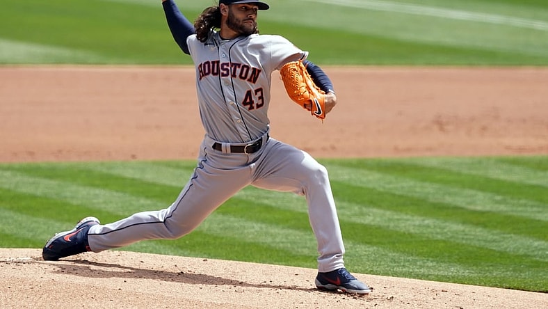 Apr 3, 2021; Oakland, California, USA; Houston Astros starting pitcher Lance McCullers Jr. (43) throws a pitch during the first inning against the Oakland Athletics at RingCentral Coliseum. Mandatory Credit: Darren Yamashita-USA TODAY Sports