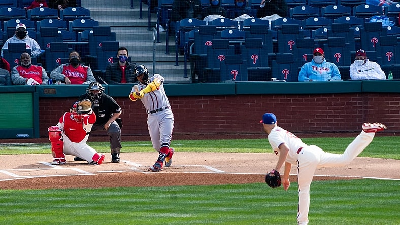 Apr 3, 2021; Philadelphia, Pennsylvania, USA; Philadelphia Phillies starting pitcher Zack Wheeler (45) strikes out Atlanta Braves right fielder Ronald Acuna Jr. (13) during the first inning at Citizens Bank Park. Mandatory Credit: Bill Streicher-USA TODAY Sports