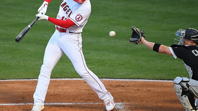 Apr 3, 2021; Anaheim, California, USA; Los Angeles Angels designated hitter Shohei Ohtani (17) strikes out during his first at bat of the game against the Chicago White Sox in the first inning at Angel Stadium. Mandatory Credit: Jayne Kamin-Oncea-USA TODAY Sports