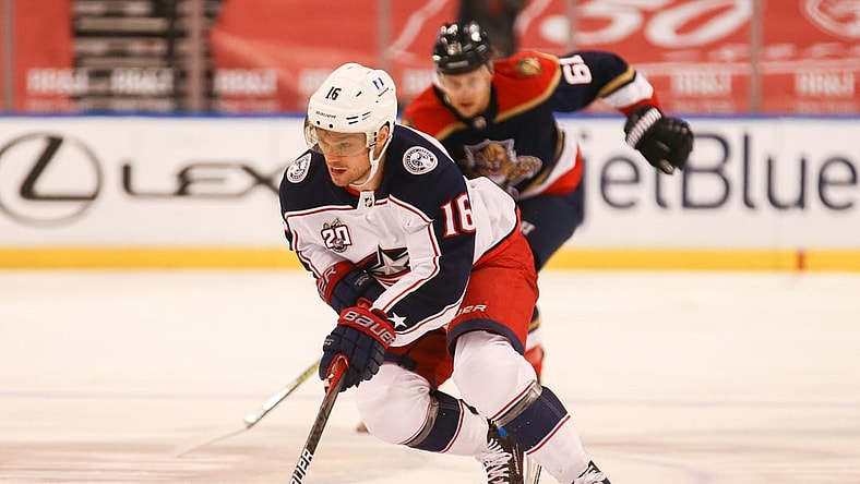 Apr 3, 2021; Sunrise, Florida, USA; Columbus Blue Jackets center Max Domi (16) skates with the puck against the Florida Panthers during the third period at BB&T Center. Mandatory Credit: Sam Navarro-USA TODAY Sports