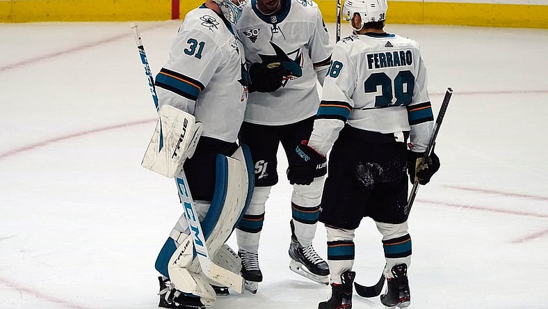 Apr 3, 2021; Los Angeles, California, USA; San Jose Sharks goaltender Martin Jones (31) left wing Evander Kane (9) and defenseman Mario Ferraro (38) celebrate the 3-2 victory against the Los Angeles Kings  at Staples Center. Mandatory Credit: Gary A. Vasquez-USA TODAY Sports