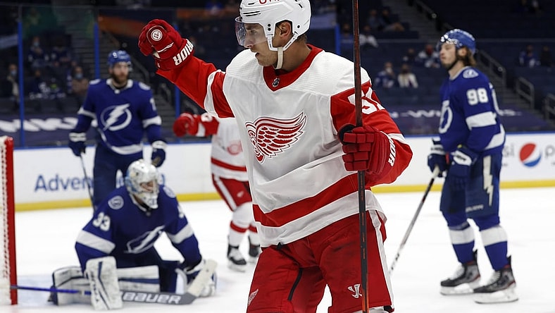 Apr 4, 2021; Tampa, Florida, USA; Detroit Red Wings center Valtteri Filppula (51) scores a goal against the Tampa Bay Lightning during the second period at Amalie Arena. Mandatory Credit: Kim Klement-USA TODAY Sports