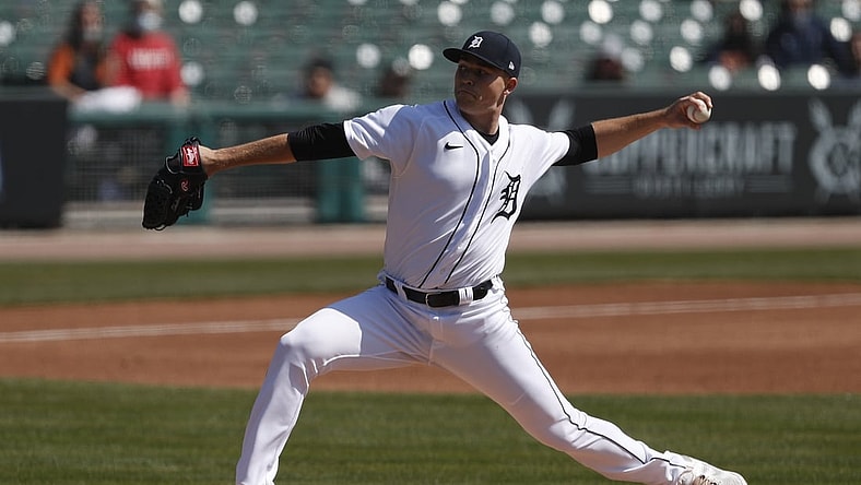 Apr 4, 2021; Detroit, Michigan, USA; Detroit Tigers starting pitcher Tarik Skubal (29) pitches during the first inning against the Cleveland Indians at Comerica Park. Mandatory Credit: Raj Mehta-USA TODAY Sports