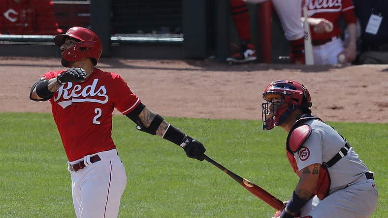 Apr 4, 2021; Cincinnati, Ohio, USA; Cincinnati Reds right fielder Nick Castellanos (2) hits a three-run home run against the St. Louis Cardinals during the fifth inning at Great American Ball Park. Mandatory Credit: David Kohl-USA TODAY Sports