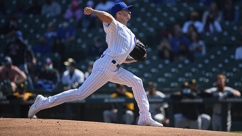 Apr 4, 2021; Chicago, Illinois, USA; Chicago Cubs starting pitcher Zach Davies (27) pitches in the first inning against the Pittsburgh Pirates at Wrigley Field. Mandatory Credit: Quinn Harris-USA TODAY Sports