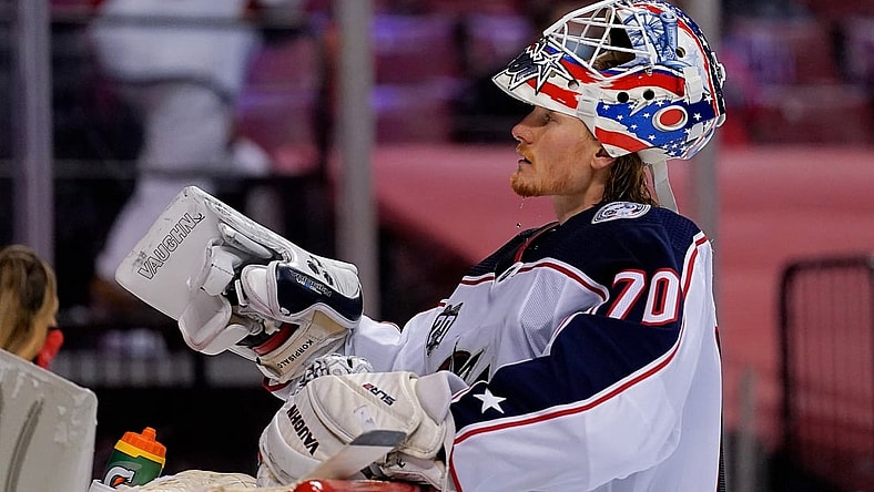 Apr 4, 2021; Sunrise, Florida, USA; Columbus Blue Jackets goaltender Joonas Korpisalo (70) stands at the net during a stoppage in play against the Florida Panthers in the second period at BB&T Center. Mandatory Credit: Jasen Vinlove-USA TODAY Sports