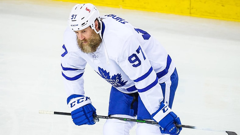 Apr 4, 2021; Calgary, Alberta, CAN; Toronto Maple Leafs center Joe Thornton (97) skates during the warmup period against the Calgary Flames at Scotiabank Saddledome. Mandatory Credit: Sergei Belski-USA TODAY Sports