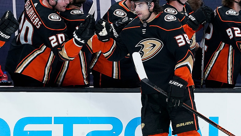 Apr 4, 2021; Anaheim, California, USA; Anaheim Ducks center Derek Grant (38) celebrates scoring a goal in the first period against the Arizona Coyotes at Honda Center. Mandatory Credit: Robert Hanashiro-USA TODAY Sports